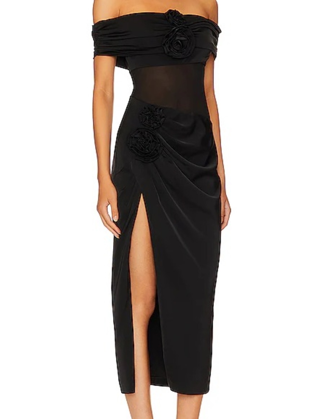 NBD “Tess” Rosette Off-Shoulder Satin Maxi Dress Sz XS NWT